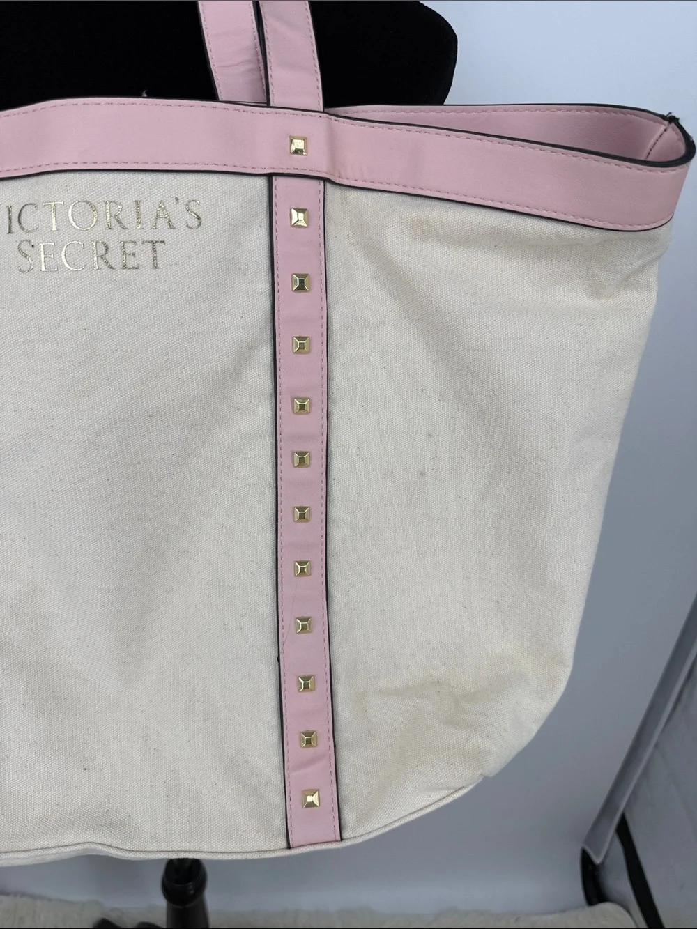 Victoria's Secret Cream Canvas Tote with Pink Trim & Studs
